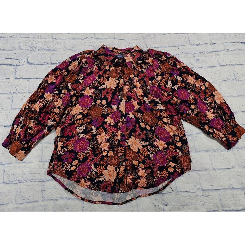 Democracy Floral Button Womens Size M Navy Purple Orange Balloon Sleeve Boho